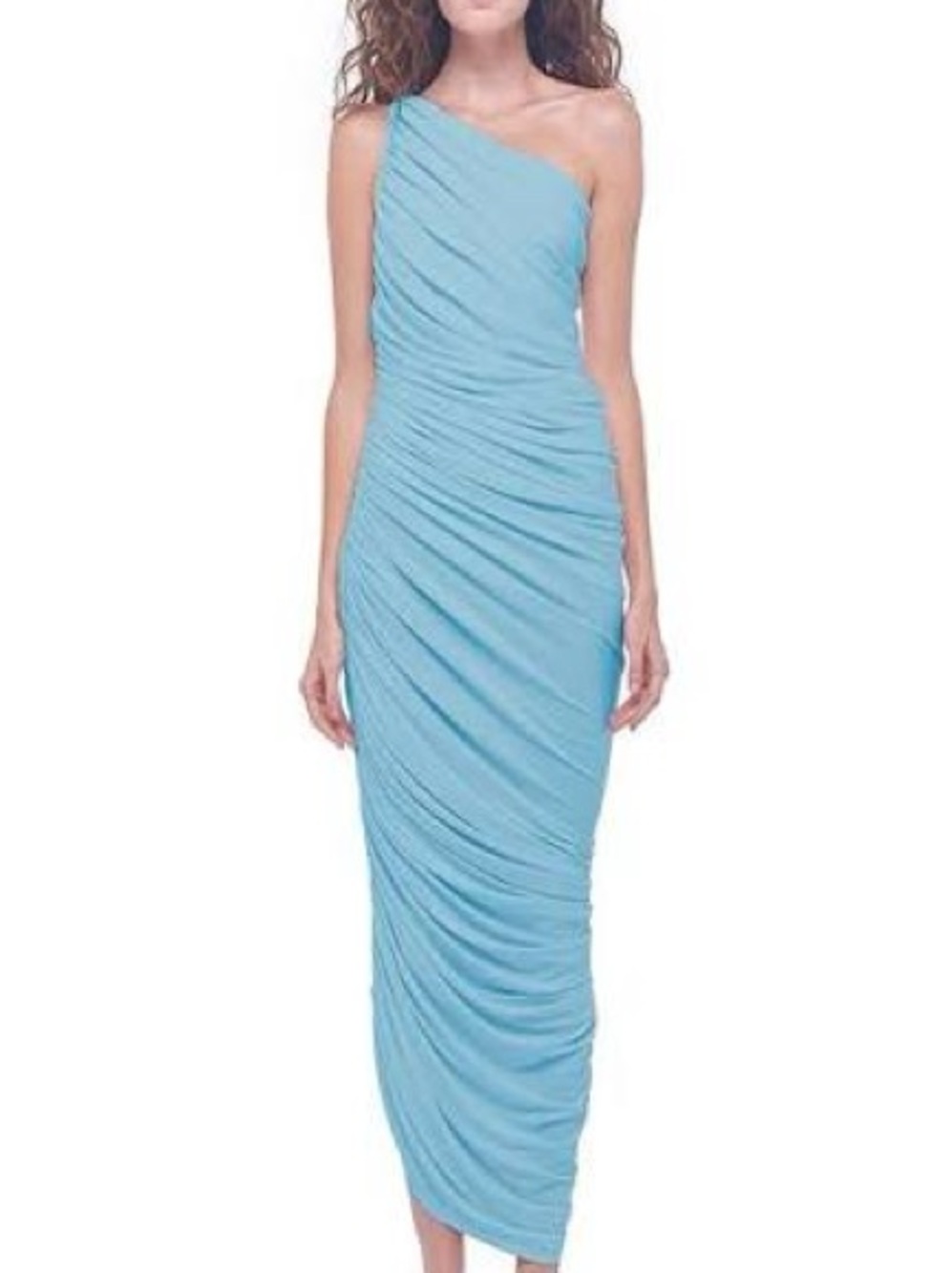 Norma Kamali Diana Gown in Powder Blue, Ruched One-Shoulder Dress